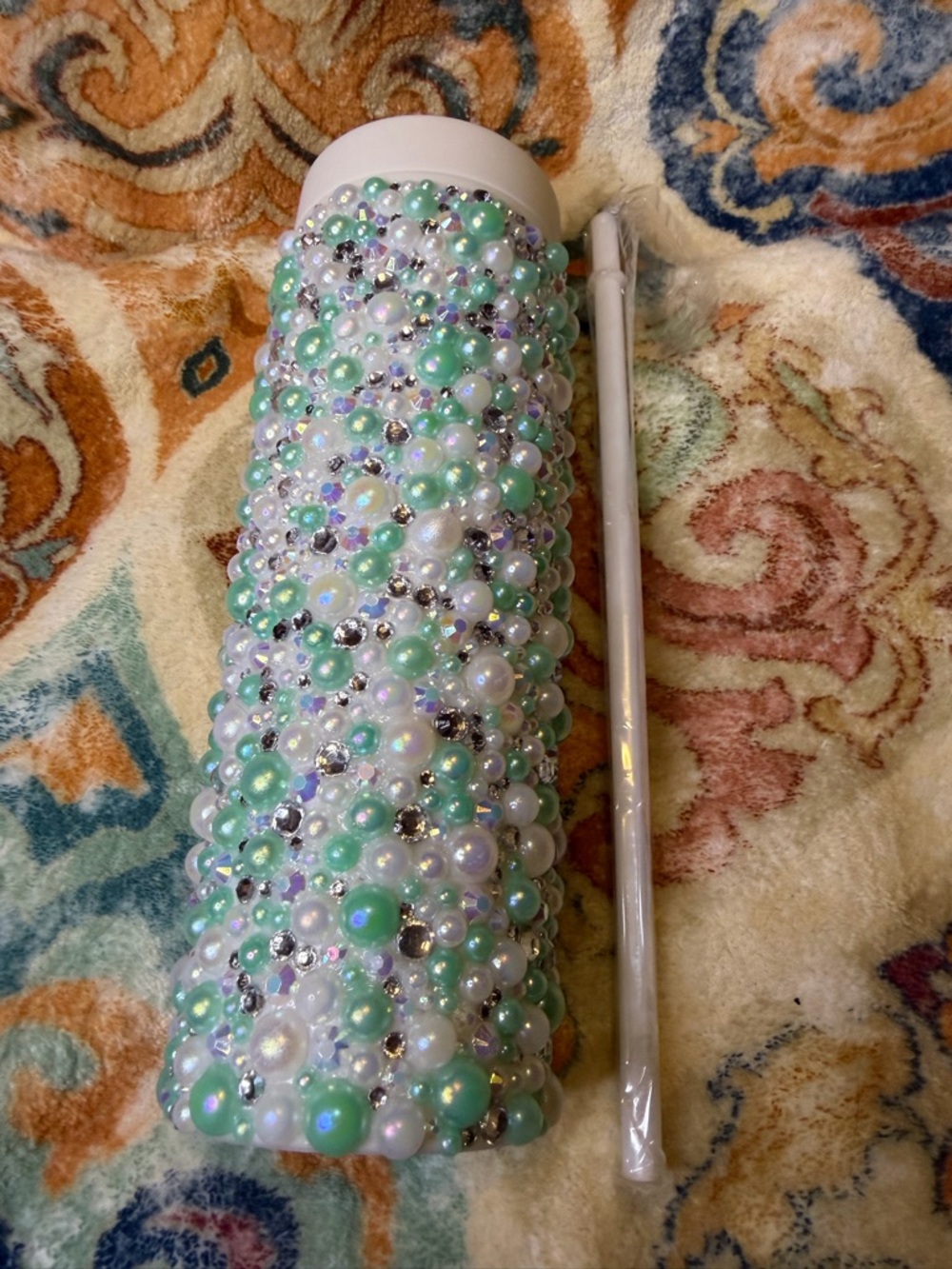 Beaded Pearl and Rhinestone Water Bottle - White and Mint